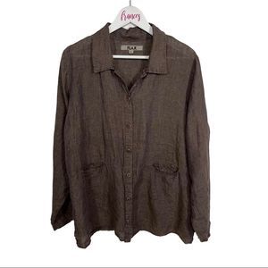 Flax long sleeve button down 100% linen blouse brown large summer top